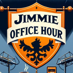 The podcast logo of two knights sitting at a table.